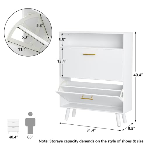 White Slim Shoe Cabinet with 2 Flip Drawers and Open Shelf E28522