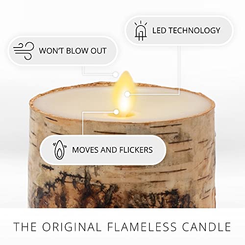 Flameless Candle Pillar with Real Birch Bark Moving Flame LED Battery Operated Lights Unscented (3.5 x 4.5-inch) U830