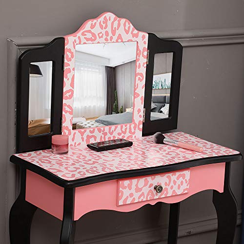 Pink Kids Vanity Table and Chair Set with Tri-Folding Mirror Y776