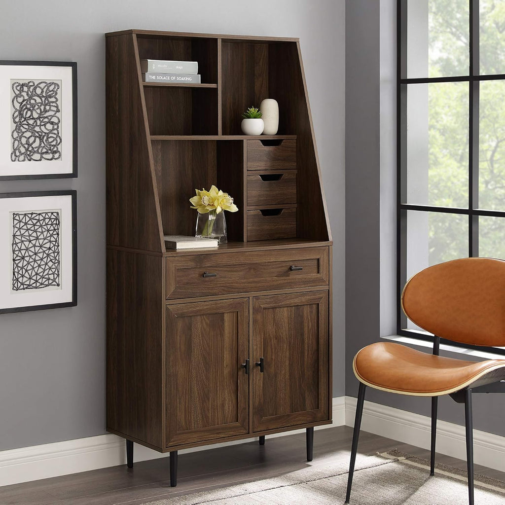 Birch Secretary Hutch Wood Desk with Keyboard Drawer Bookshelf Storage Cabinet R477