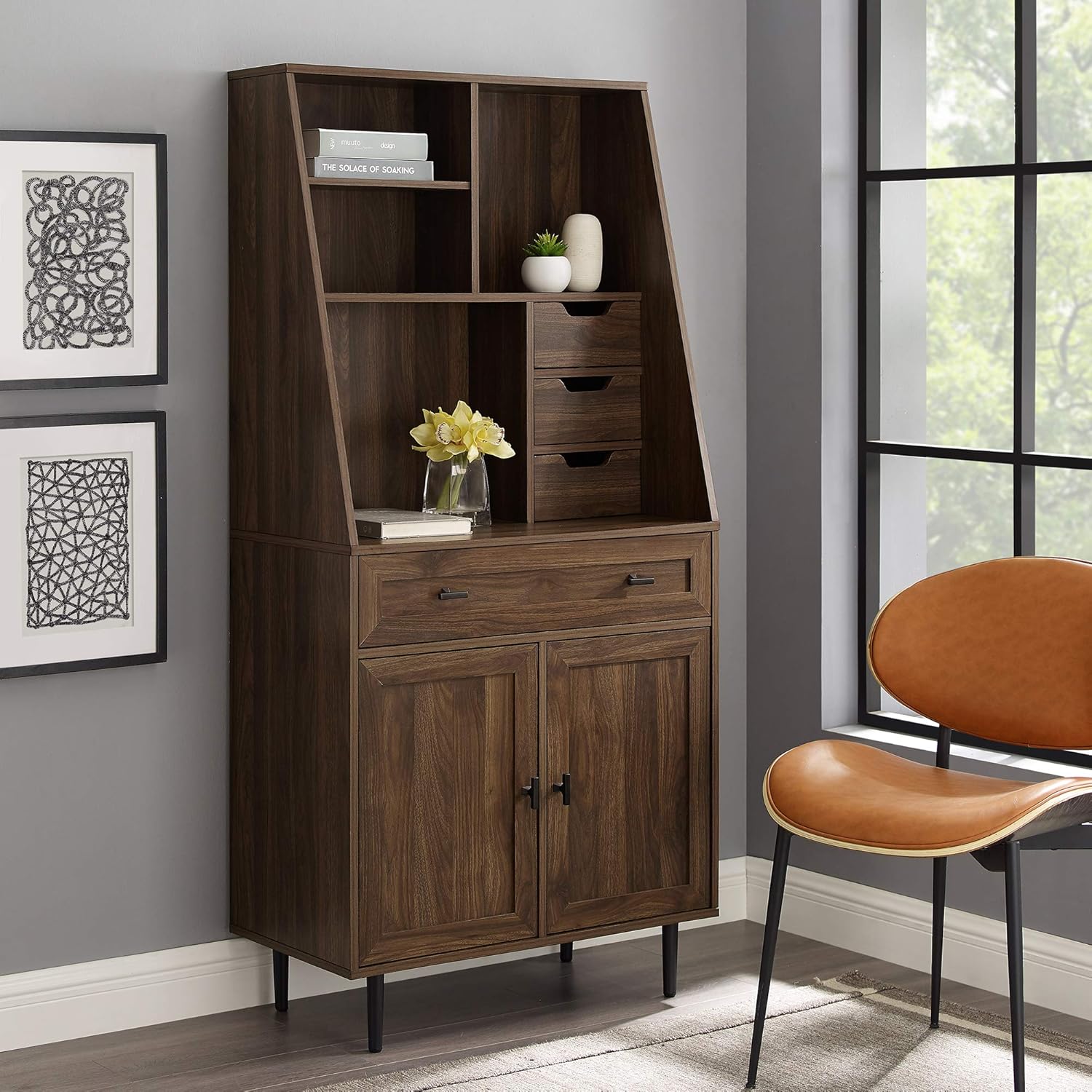 Birch Secretary Hutch Wood Desk with Keyboard Drawer Bookshelf Storage Cabinet R477