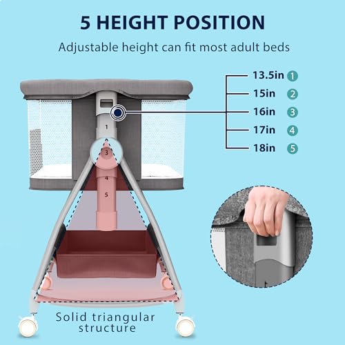 Baby Bassinet Bedside Sleeper, 3 in 1 Rocking Bassinet with Wheels, Adjustable Height, Storage, Mattress & Canopy Q304