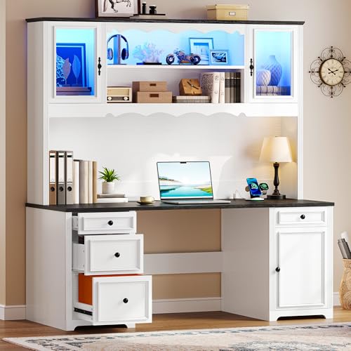 White & Black Executive Desk with Hutch and Drawers, Power Outlet & LED Lights, Storage Shelves, Storage Cabinet with Glass Door C7381