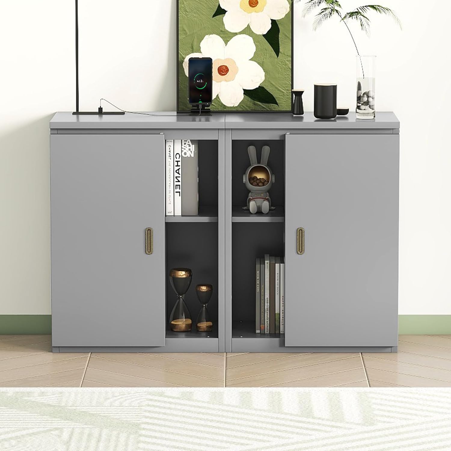 Queen Size Gray Murphy Wall Bed with Shelves and Cabinets D598