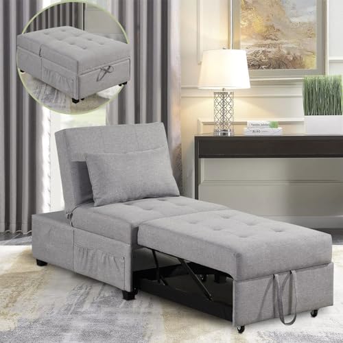 4 in 1 Convertible Linen Fabric Sleeper Chair Bed Ottoman with Adjustable Backrest & Pillow S54756