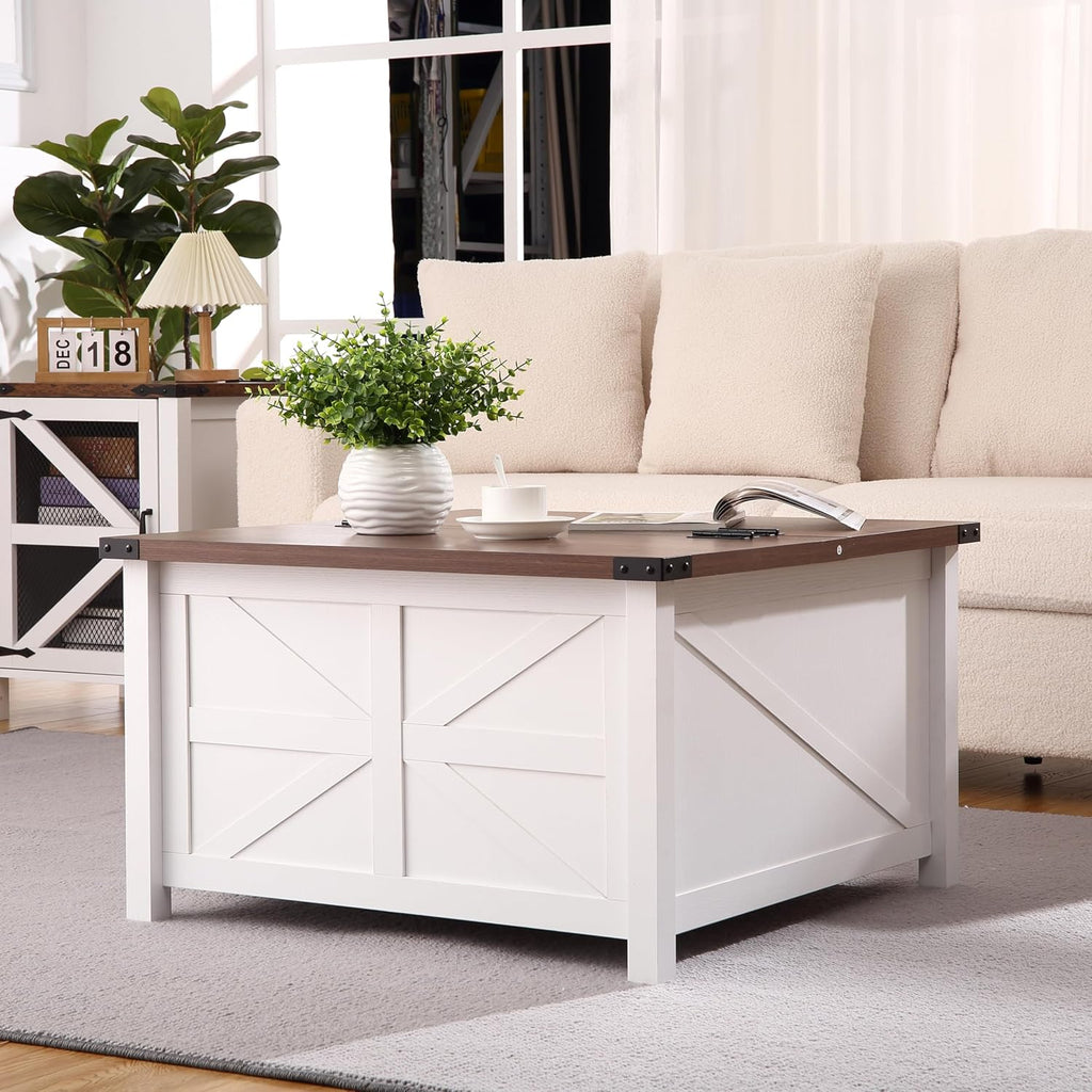 Farmhouse Square Coffee Table with Large Hidden Storage Compartment F5719