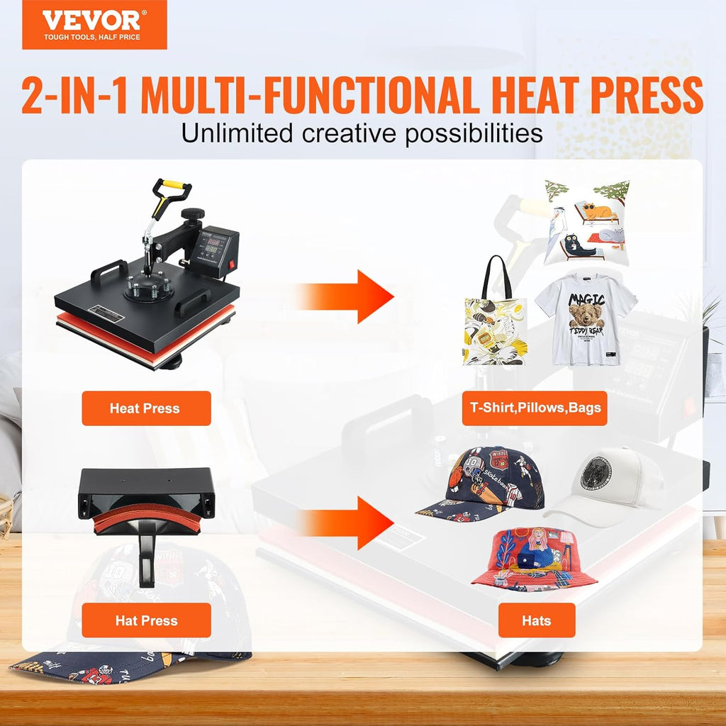 15x15 Heat Press Machine with Hat Press, 360° Swing Away Digital Tshirt Press Machine J971733