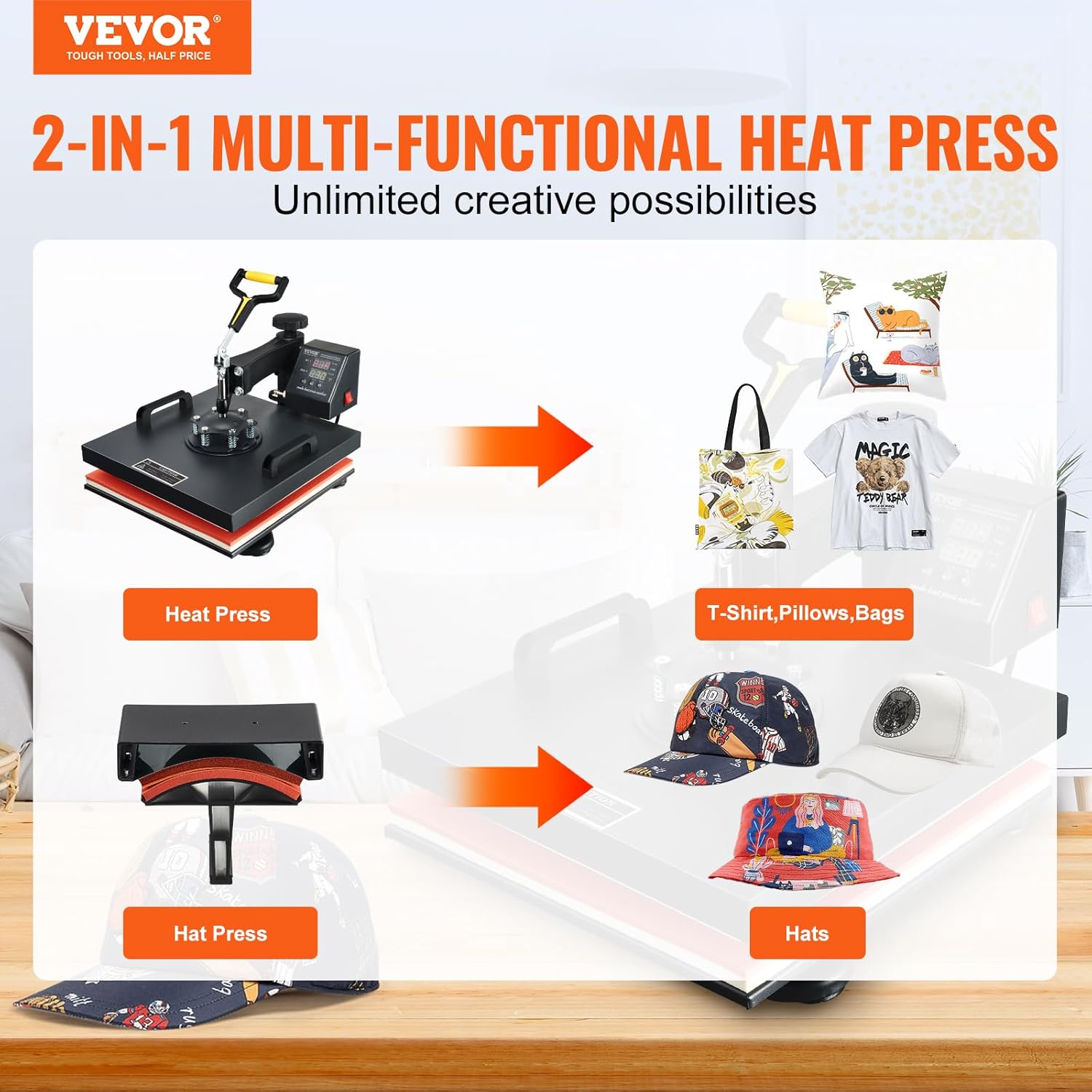 15x15 Heat Press Machine with Hat Press, 360° Swing Away Digital Tshirt Press Machine J971733