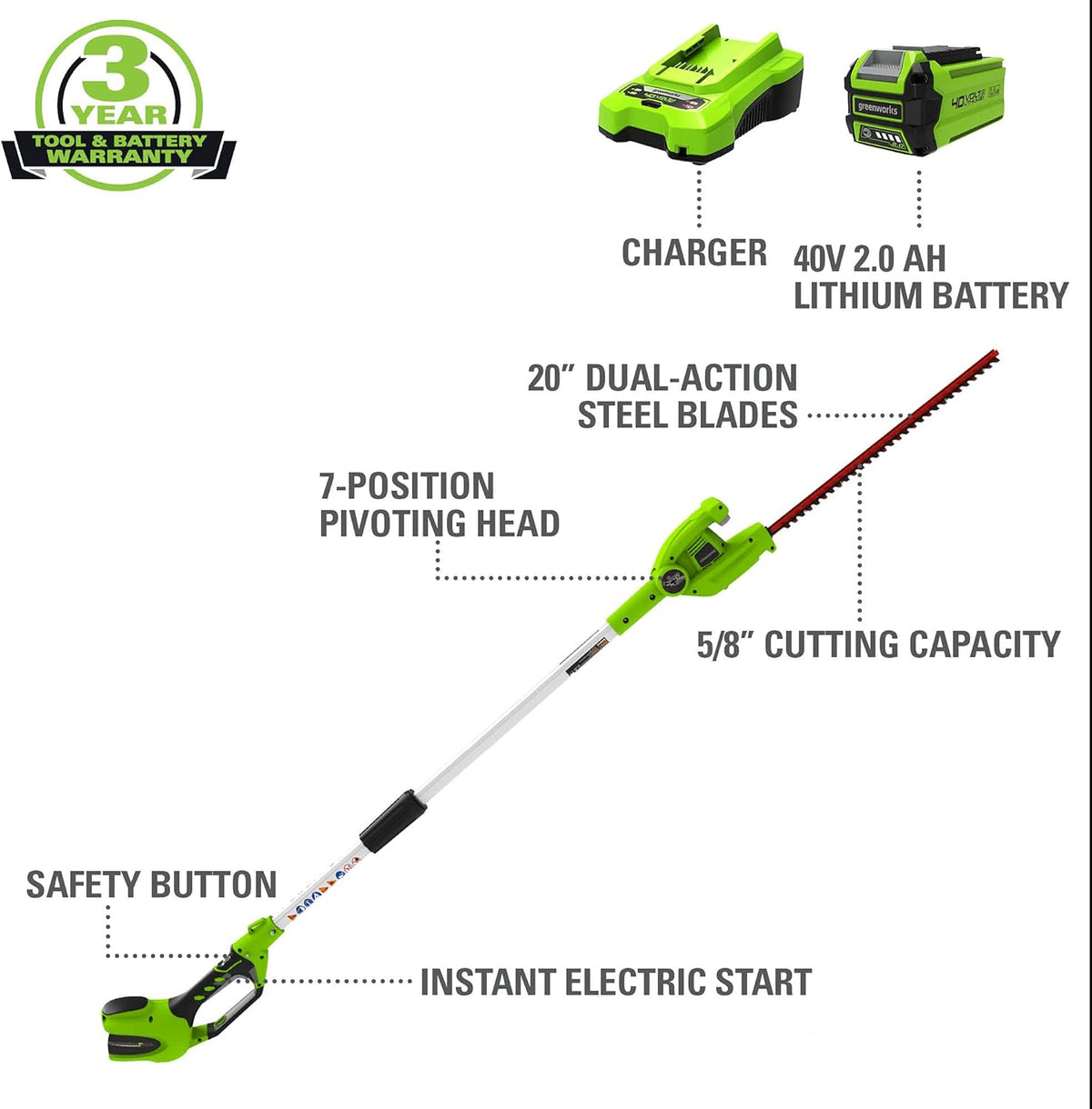 40V 20" Cordless Pole Hedge Trimmer with 2.0Ah Battery and Charger T5555