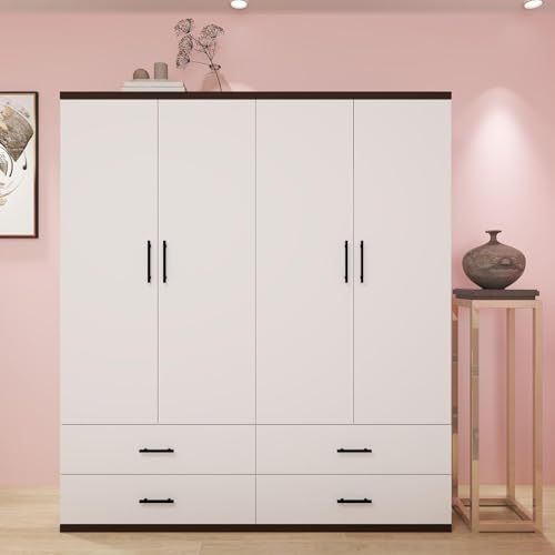 White 4 Door Wood Armoire Wardrobe with 2 Hanging Rods and 2 Drawers F92766