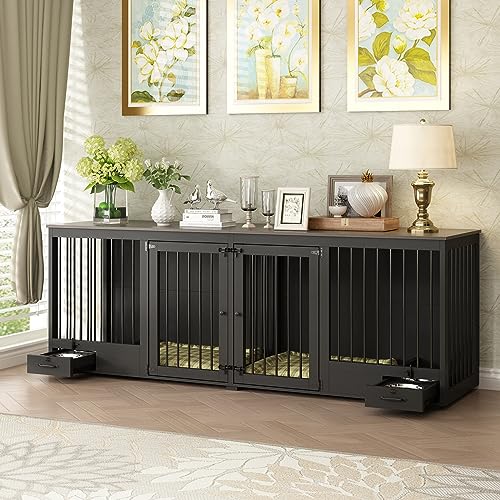 Black Heavy Duty Wooden Dog Crate with Dog Bowl Drawers & Divider P593