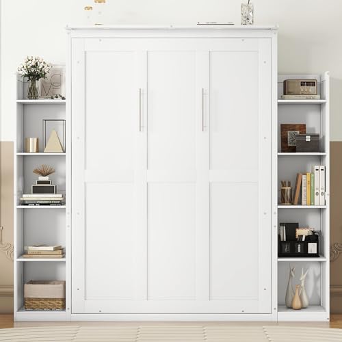 White Full Size Wood Murphy Bed with Shelves and Led Lights U697