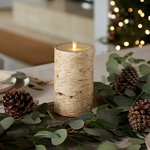 Flameless Candle Pillar with Real Birch Bark Moving Flame LED Battery Operated Lights Unscented (3.5 x 4.5-inch) U830