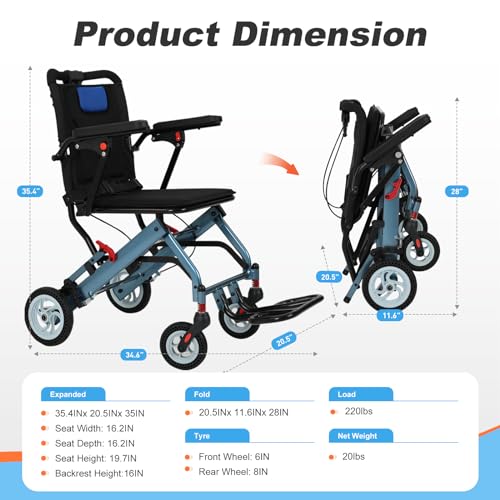 Ultra Light Transport Wheelchair with 8IN Honeycomb Tires T3660