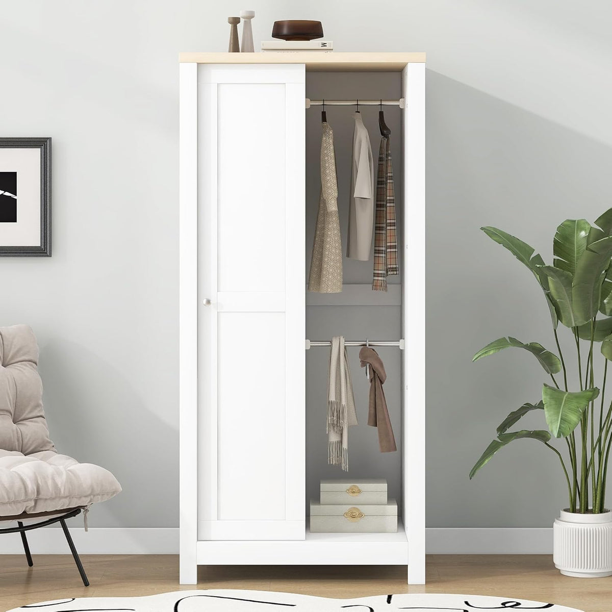 White Wooden Wardrobe Closet with 2 Drawers and Sliding Door Z672102