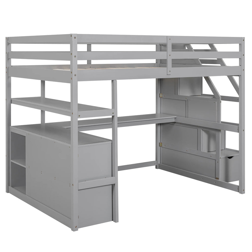 Full Wood Loft Bed with Desk, Storage Stairs, Two Drawers C833