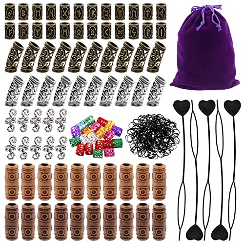 300Pcs Viking Rune Beads Hair Beard Beads Set including 5Pcs Black Pull Hairpin Quick Beader Hairpins and 200Pcs Black Rubber Bands with a Bag U339