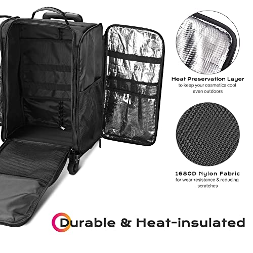 Black Rolling Makeup Train Case Soft Sided Cosmetic Storage Organizer Carry on Travel with Removable Side Pocket Bag A7412
