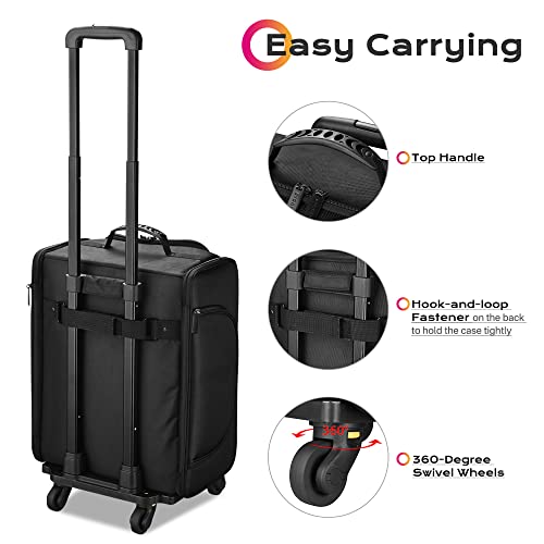 Black Rolling Makeup Train Case Soft Sided Cosmetic Storage Organizer Carry on Travel with Removable Side Pocket Bag A7412