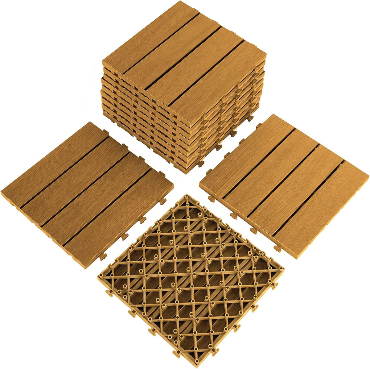9PCS Aluminum Interlocking Deck Patio Tiles, 12” x 12” Wood Acacia B357