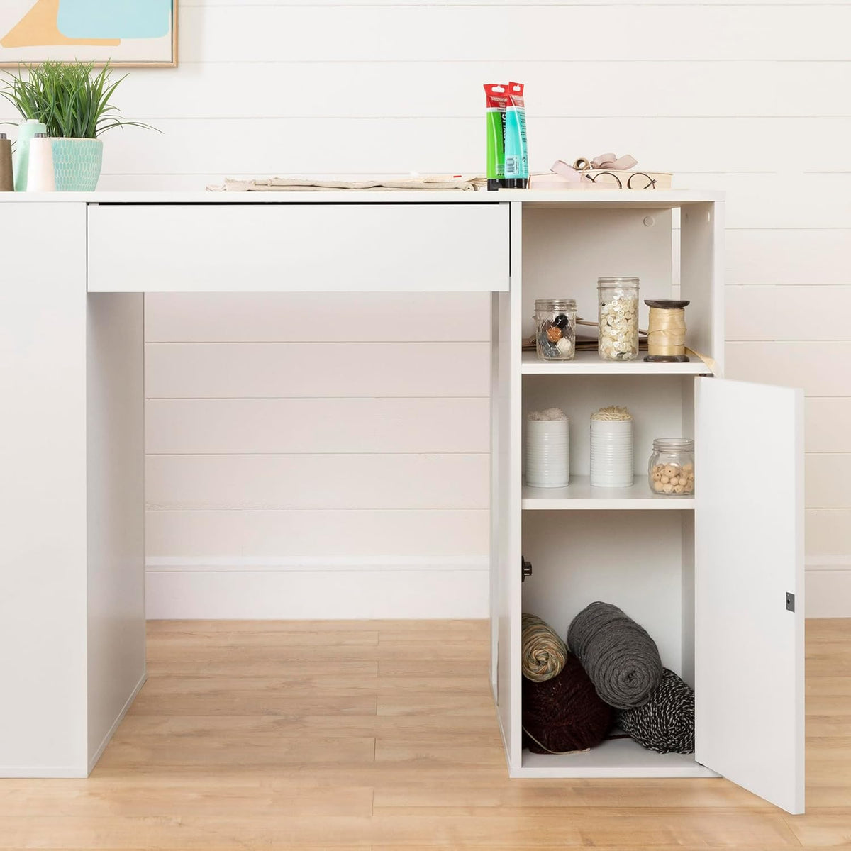 Pure White Counter-Height Craft Table with 4 baskets E428