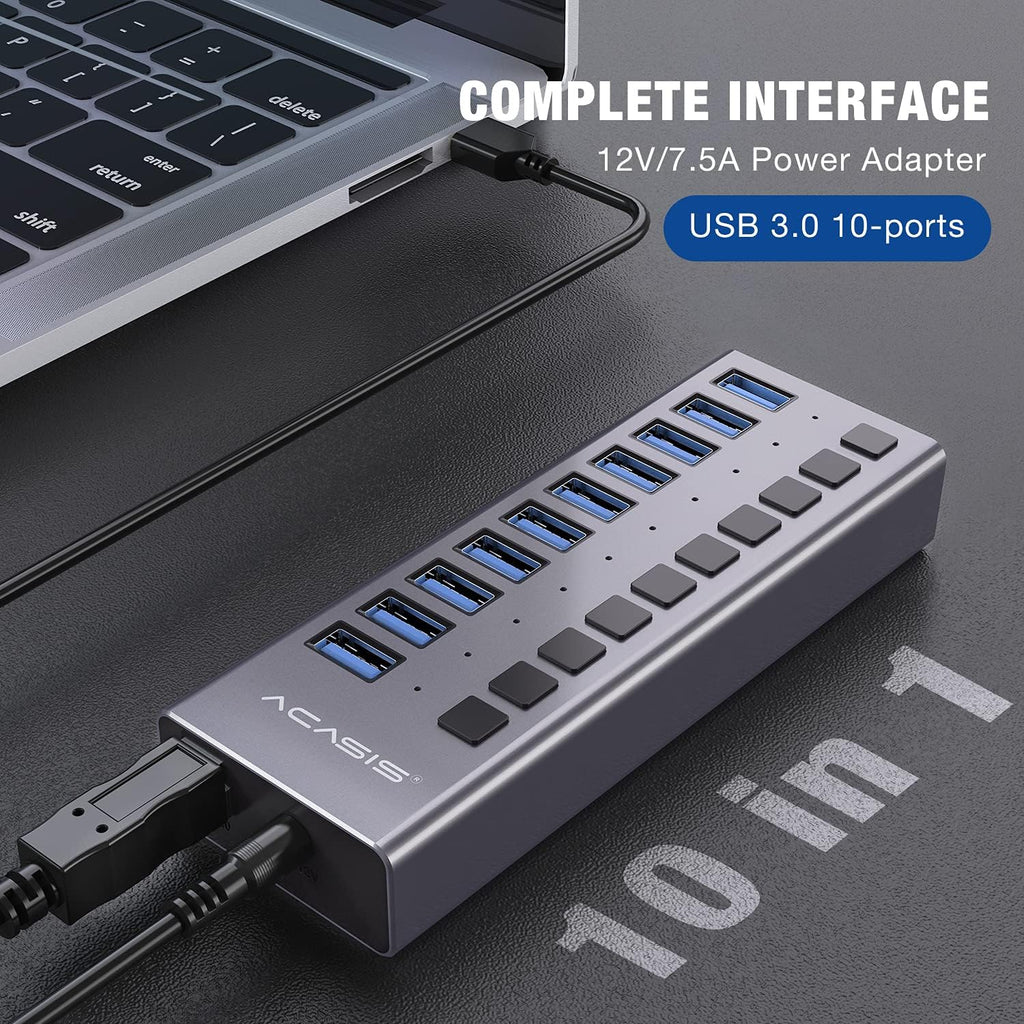 10 Ports 48W USB 3.0 Data Hub with Individual On/Off Switches and 12V/4A Power Adapter G994