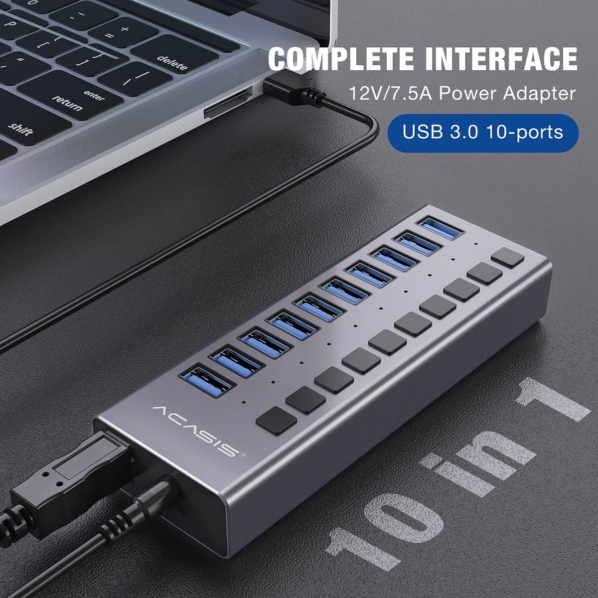 10 Ports 48W USB 3.0 Data Hub with Individual On/Off Switches and 12V/4A Power Adapter G994