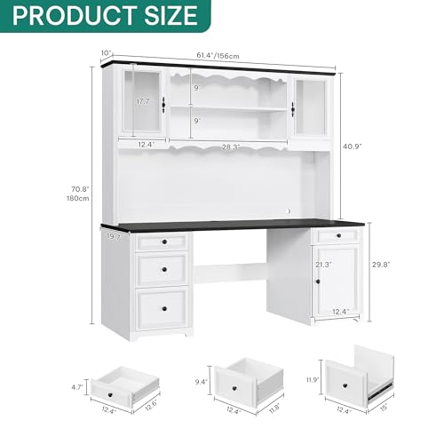 White & Black Executive Desk with Hutch and Drawers, Power Outlet & LED Lights, Storage Shelves, Storage Cabinet with Glass Door C7381
