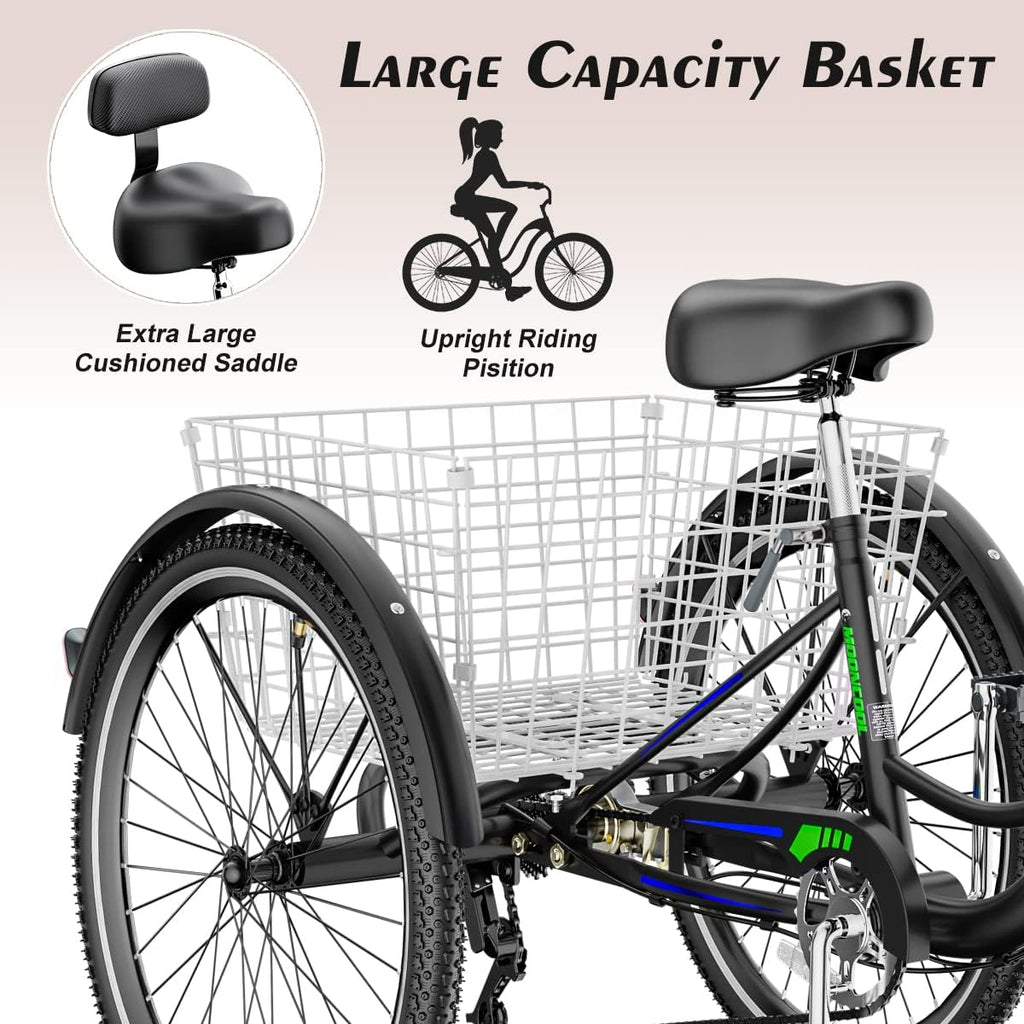 26" Black with Blue 7 Speed 3 Wheel Adult Tricycle with Basket F61544