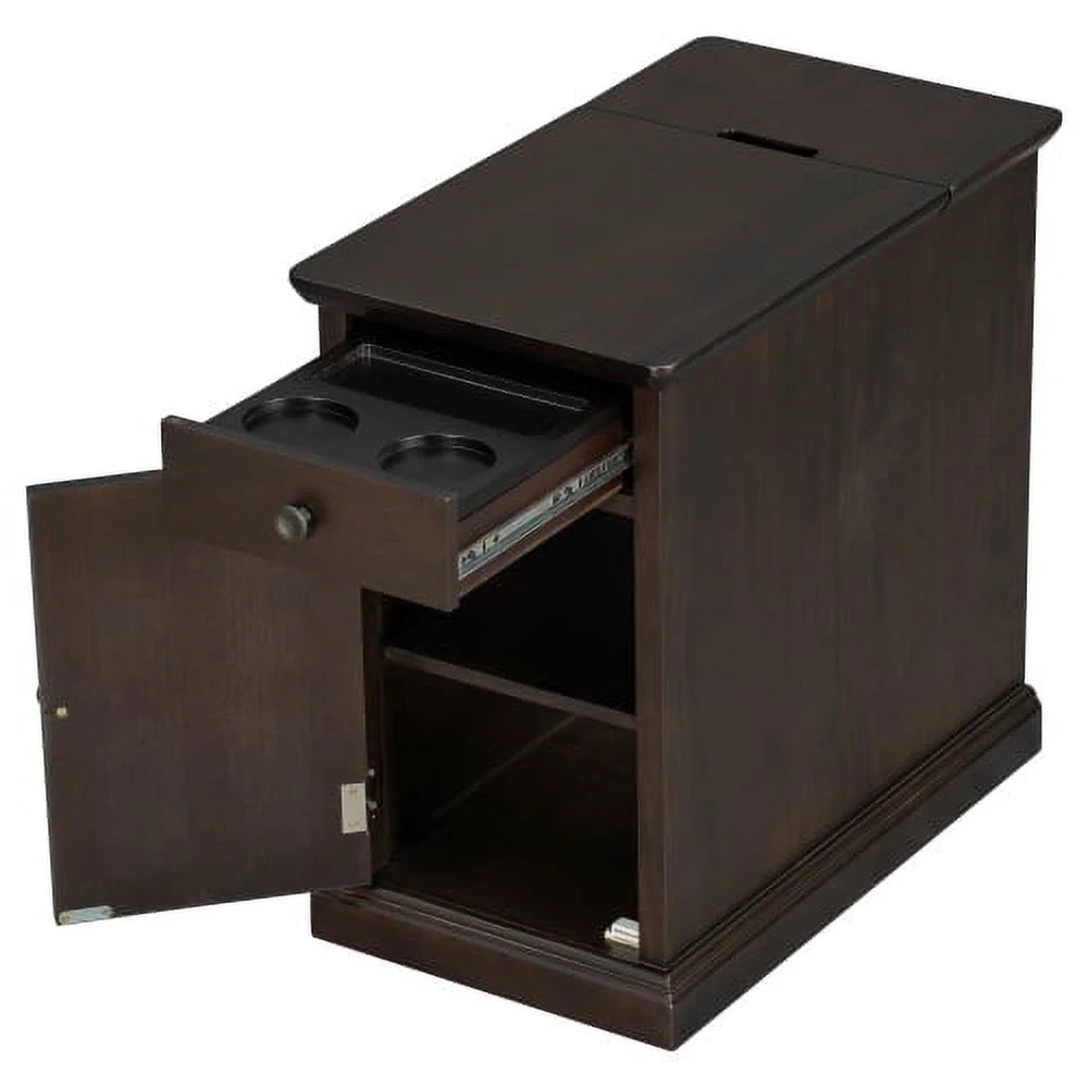 Antique Espresso End Table with USB Ports Drawer and Cup Holders G555681