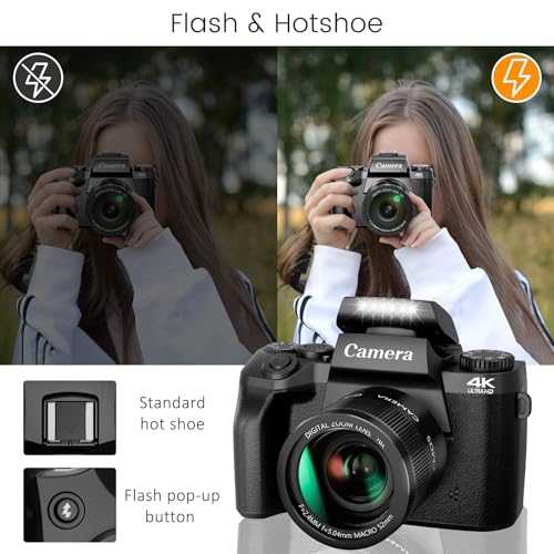 4K 64MP WiFi Touch Screen Digital Camera with Flash, 32GB SD Card, Lens Hood, 3000mAH Battery - Black C8337