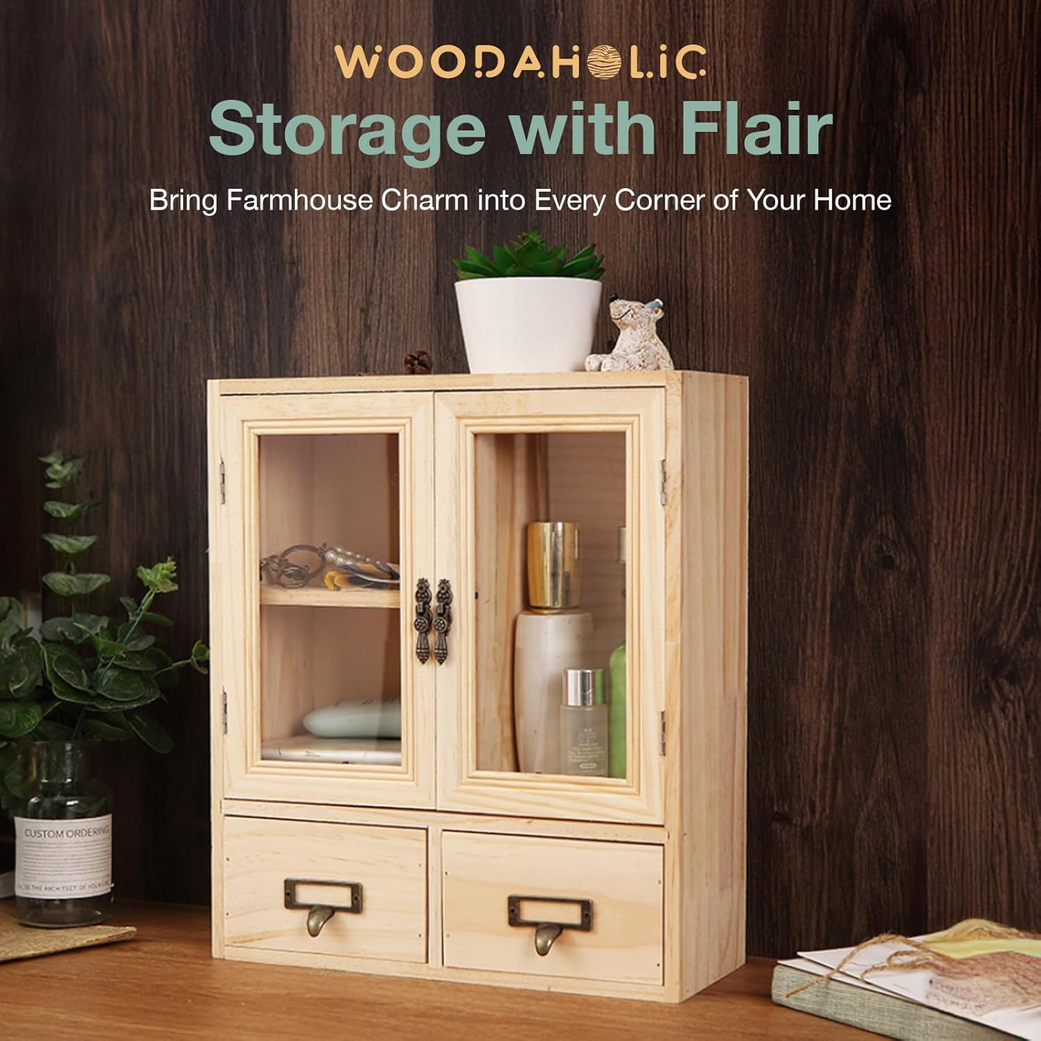 Mini Table Top Storage Cabinet with Clear Glass Doors, 2 Bottom Drawers, Light Wood Grain A117