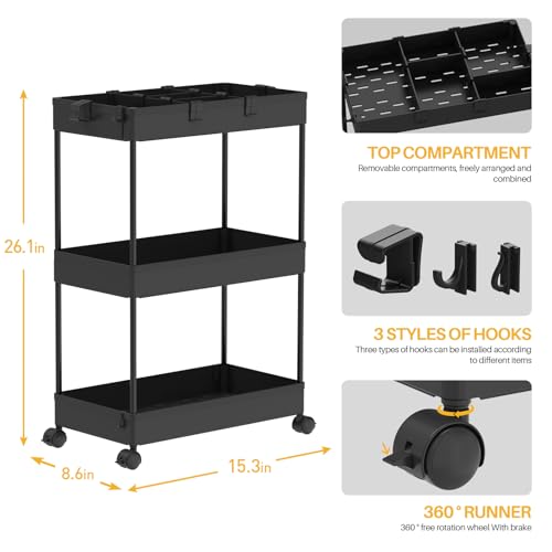 Black 3 Tier Rolling Cart with Wheels N879793
