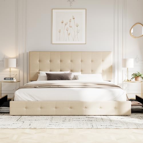 Light Grey Queen Size Platform Bed Frame with 4 Storage Drawers R722