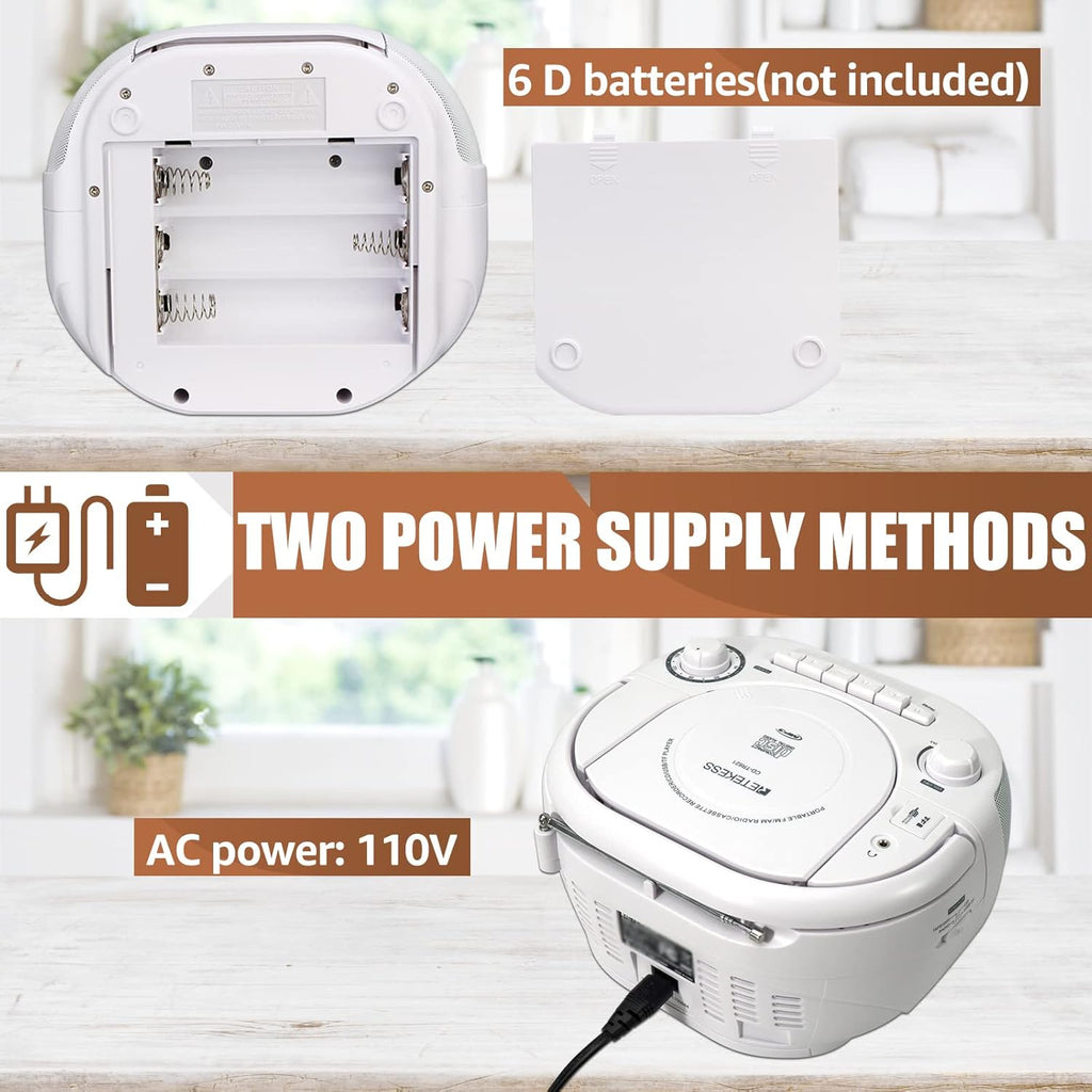 White Portable CD and Cassette Player Boombox with AM FM Radio H2971