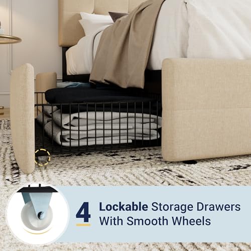 Light Grey Queen Size Platform Bed Frame with 4 Storage Drawers R722
