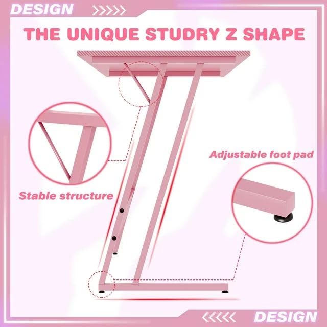 Pink 47 Inch L Shaped Computer Desk with Carbon Fiber Surface P785832