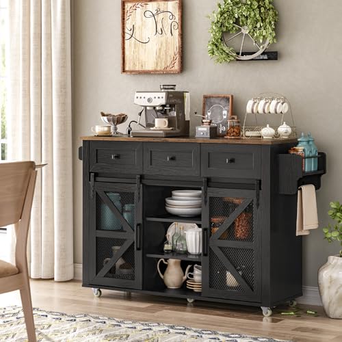 White and Walnut Rolling Kitchen Island with Storage M94580