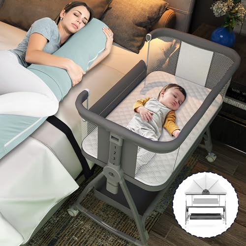 Baby Bassinet Bedside Sleeper, 3 in 1 Rocking Bassinet with Wheels, Adjustable Height, Storage, Mattress & Canopy Q304
