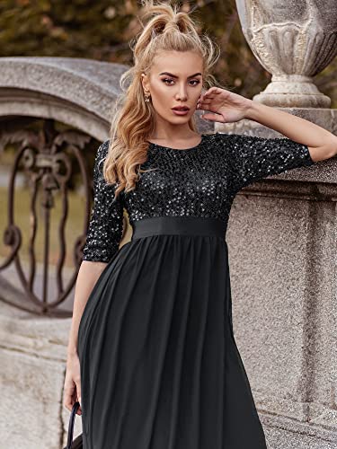 Elegant A Line Crew Neck Half Sleeve Sequin Maxi Evening Dress A826