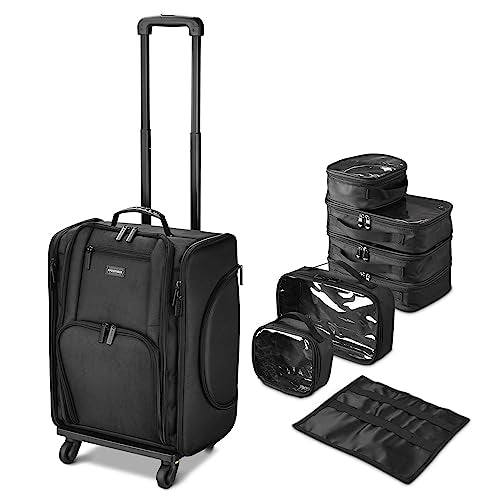 Black Rolling Makeup Train Case Soft Sided Cosmetic Storage Organizer Carry on Travel with Removable Side Pocket Bag A7412