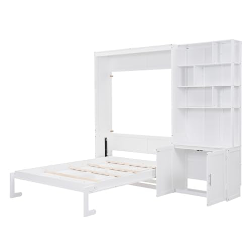 White Solid Wood Queen Size Murphy Bed with Desk C1980