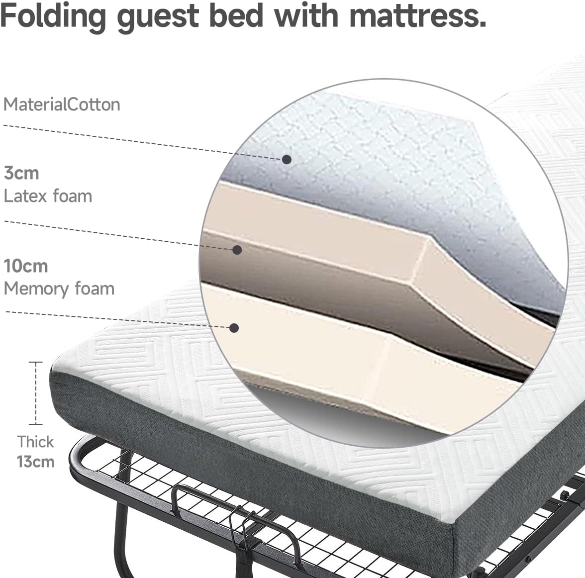 Folding Bed with 5.2" Thick Memory Foam Mattress, 79 * 35inch, Metal Folding Frame M845