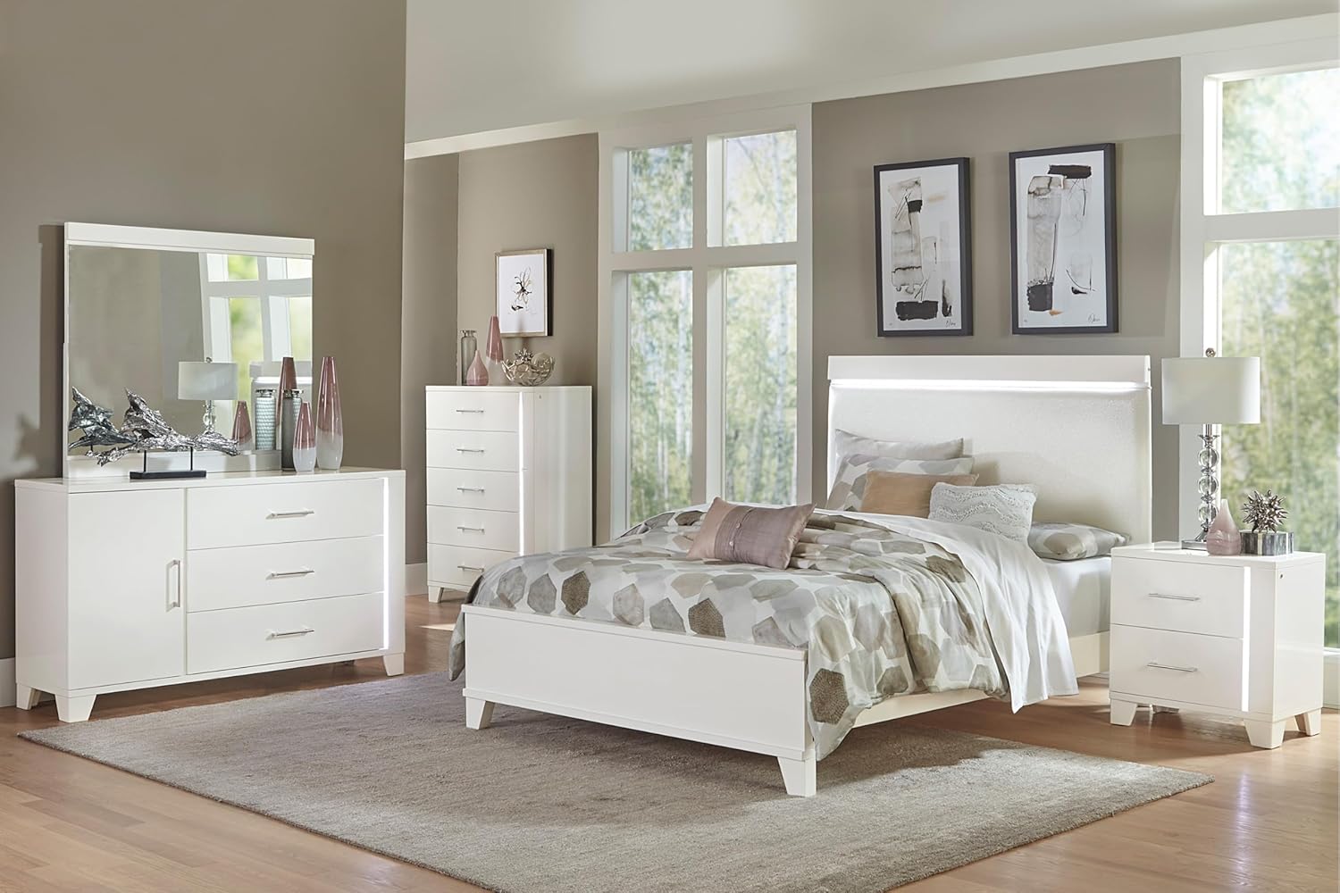 White High Gloss Finish Full Bed with Faux Leather Upholstered Headboard N981296