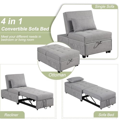 4 in 1 Convertible Linen Fabric Sleeper Chair Bed Ottoman with Adjustable Backrest & Pillow S54756