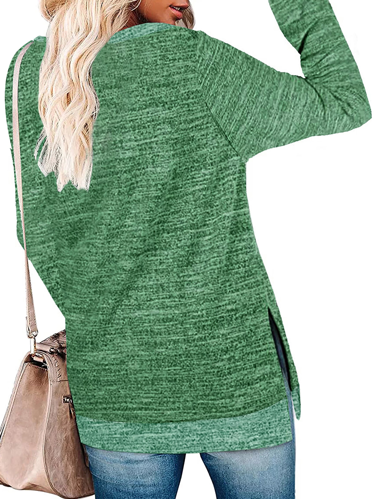 Green Long Sleeve Color Block Tunic Tops W3318