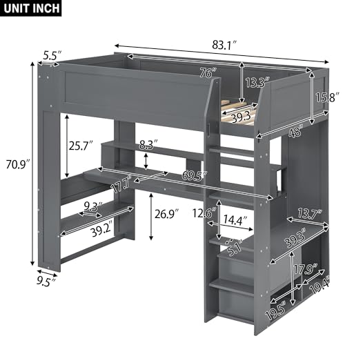 Dark Gray Wood Twin Size Gaming Loft Bed with Desk and Shelves H44301