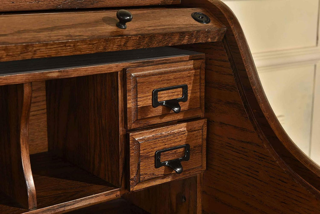 Mini Roll Top Desk Solid Oak Wood Burnished Walnut Finish J6167