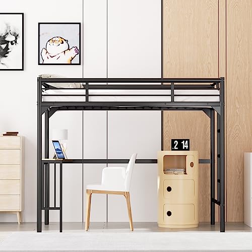 Black Metal Loft Bed Twin Size with Desk and Ladder S75955
