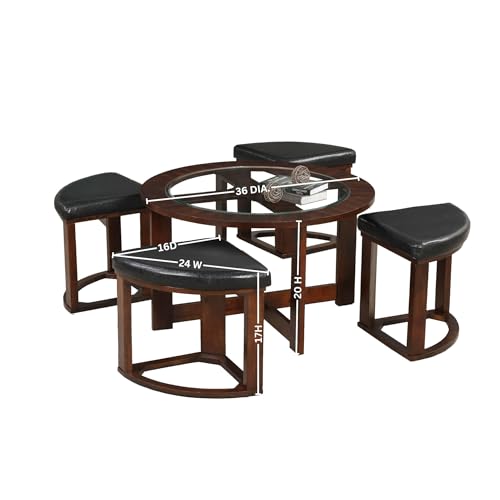 Solid Wood Glass Top Round Coffee Table with 4 Stools E867633